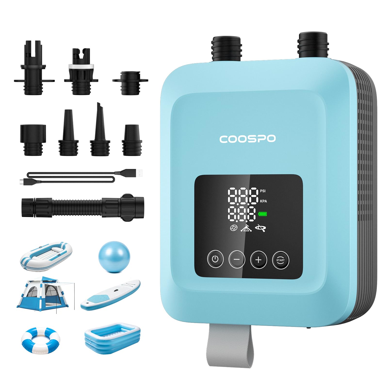 CooSpo Pompa elettrica verticale per SUP, gonfiaggio ad alta pressione a 20 psi, dotata di batteria ricaricabile da 59,2/44,4 Wh, silenziosa, adatta a kayak e altri articoli gonfiabili