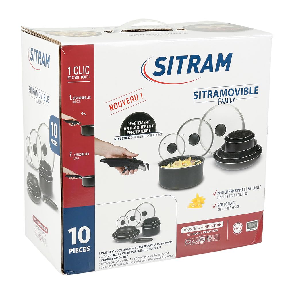 Sitram 713499 Batterie de Cuisine Aluminium 10 Pièces : 3 Poêles Ø20,24,28 cm + 3 Casseroles Ø16,18,20 cm + 3 Couvercles Verre Ø16,20,24 cm + manche amovible, Tous feux dont induction