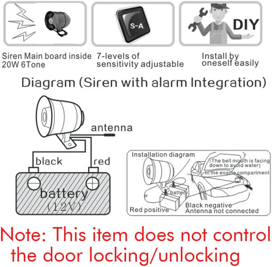 Baceyong Car Alarm, CW-8110 120DB Security Klaxon with 2 Remote Controls 12V DC Car, Universal Vehicle Vehicle Alarm Security System Black 8