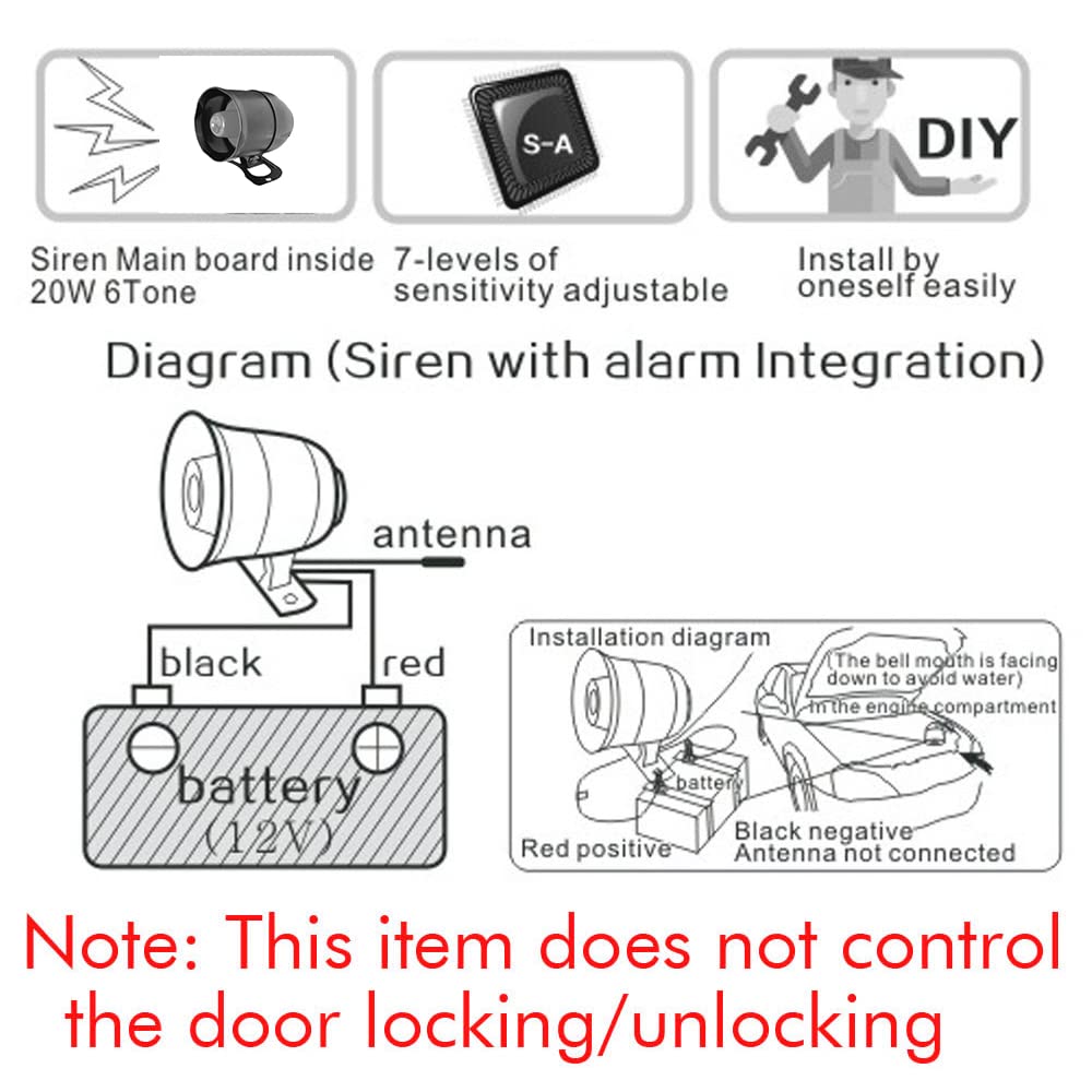 Auto-Alarmanlage, KACEPAR 12V Sicherheit Schutz Anti-Diebstahl Wegfahrsperre Kit, Keyless Entry mit 2 Fernbedienungen und 1 Horn Sirene, CW-8110