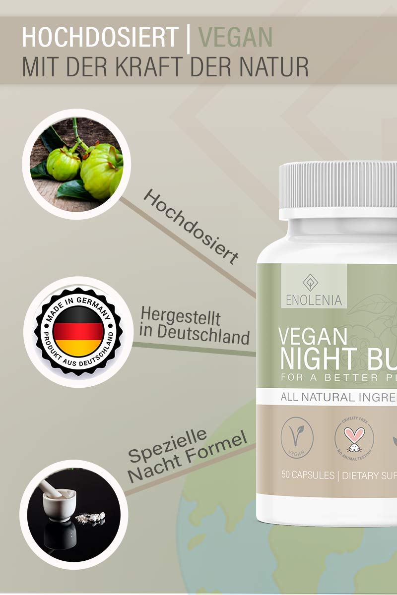 NEU: Enolenia® NIGHT F-BURN Kapseln VEGAN - 1 Kapsel pro Nacht mit Garcinia Cambogia Extrakt - für Männer & Frauen, schnell + Hochdosiert - aus hochwertiger Produktion in Deutschland (1x)