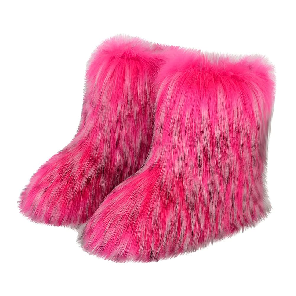 BININBOX Faux Fur Boots for Women Fuzzy Fluffy Furry Round Toe Suede Winter Comfy Plush Warm Short Snow Bootie Flat Shoes Mid-Calf Boots Outdoor Indoor(7 B(M) US,Rose Red-1)