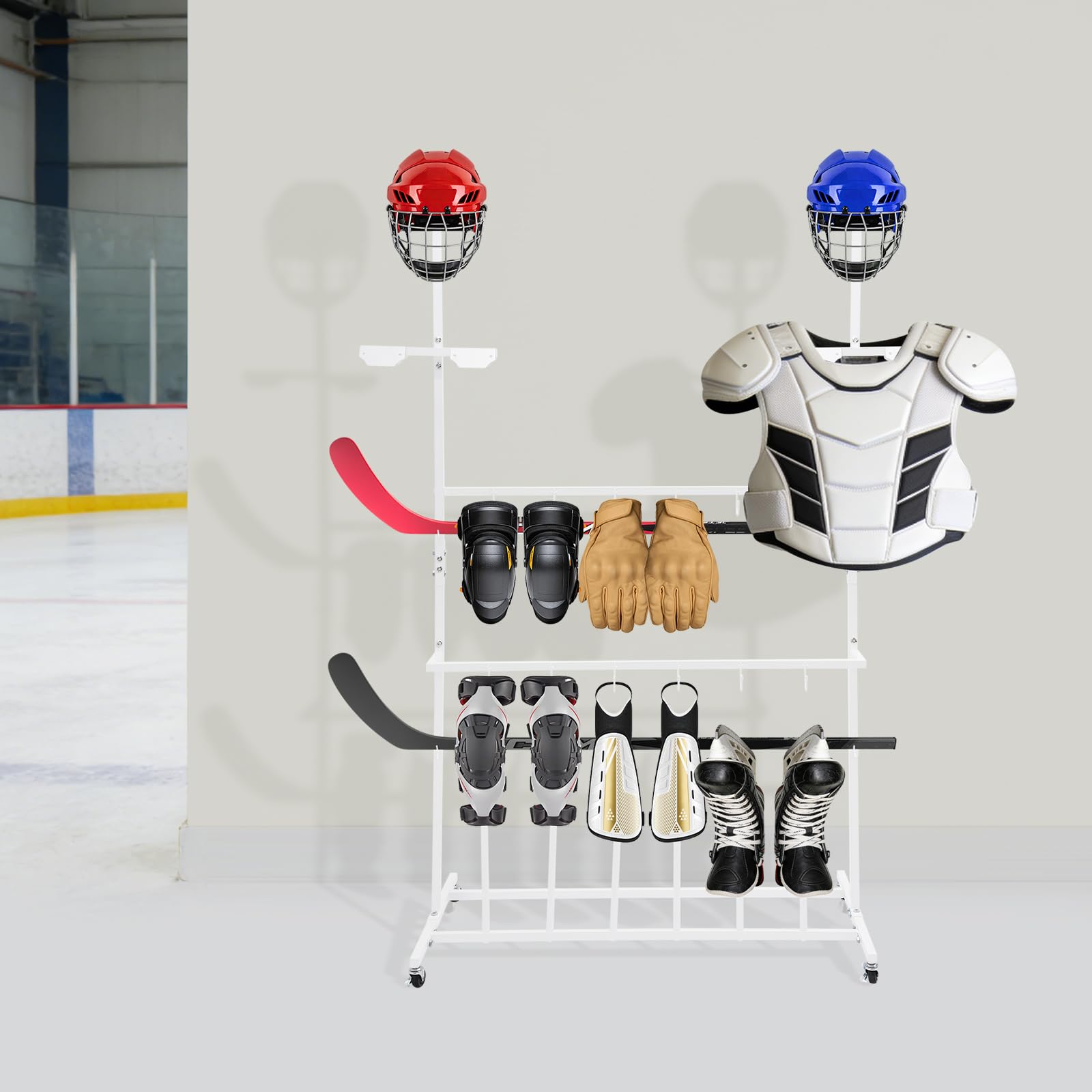 Hockey-Trockengestell, Ausrüstungsständer für Eishockey & Ski aus Eisen, für Eishockey, Ski & Football, 4 Rollen mit Bremsen – platzsparend & stabil, Weiß