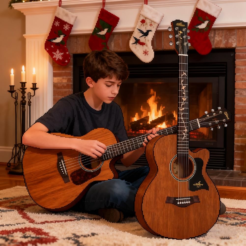 Gitara akustyczna dla początkujących, pełnowymiarowy zestaw startowy All Wood Cutaway z torbą koncertową, strunami, paskiem, tunerem i kostkami