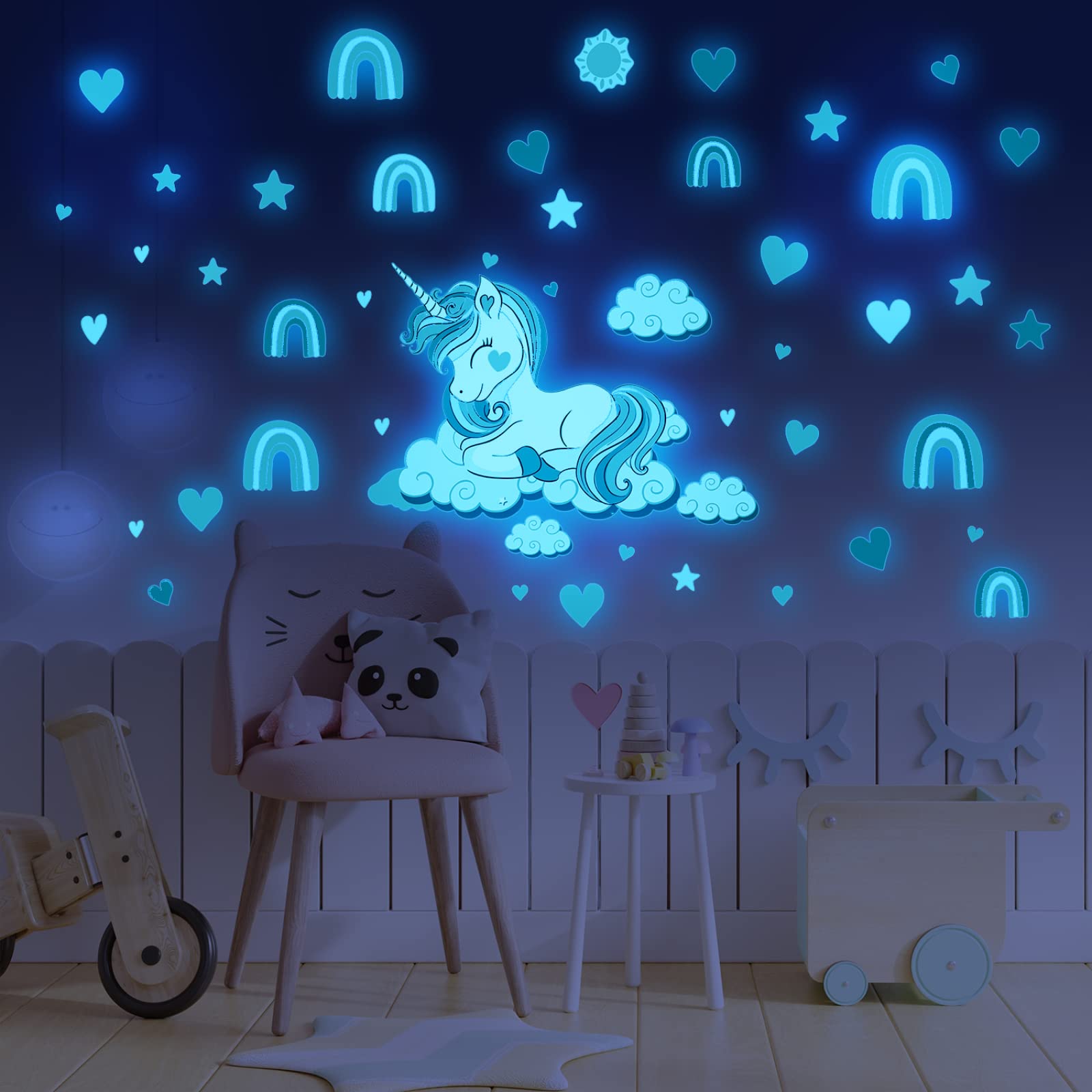 Wandtattoo Kinderzimmer Einhorn Regenbogen Herz Leuchtsterne Kinderzimmer Wandsticker Wandsticker Kinderzimmer Glow in the Dark Wandtattoo Kinderzimmer Mädchen Junge für Wanddeko Geschenke 3 Stück