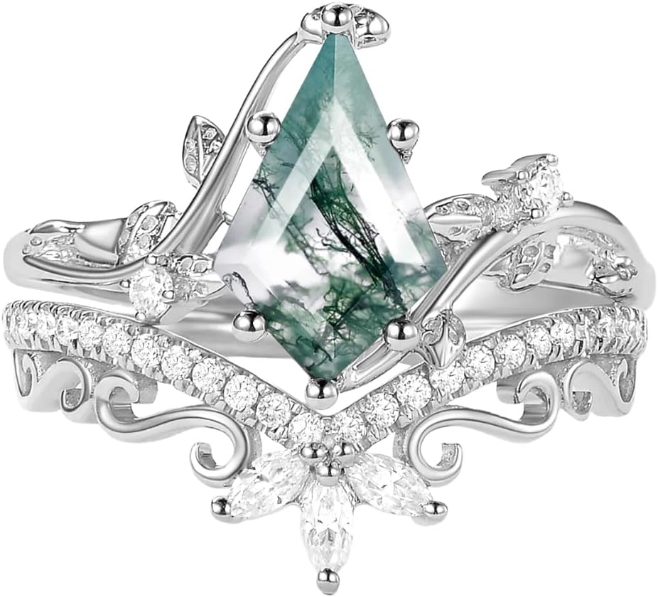 925 Sterling Silver 10K 14K 18K Gold Natural Moss Agate Engagement Ring Sets for Women 1.5CT Kite Cut Leaf Moss Agate Wedding Ring Sets with Moissanite