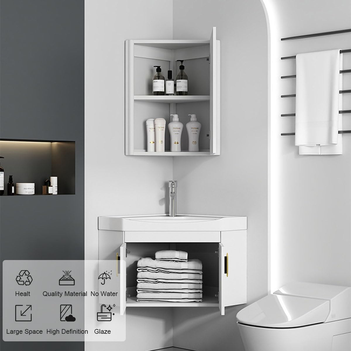 Mueble de baño de esquina suspendido con lavabo, espejo, grifo y accesorios, ahorro de espacio para baños pequeños(White,48cm/18.8in)