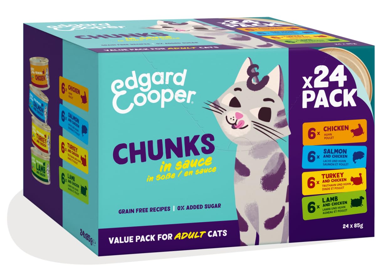 Edgard Cooper Comida húmeda para Gatos, Multipack, (Pollo/Salmón/Pavo/Cordero, 24 x 85g) trocitos en Salsa, para Gatos esterilizados o Activos, Carne Fresca con Ingredientes Naturales