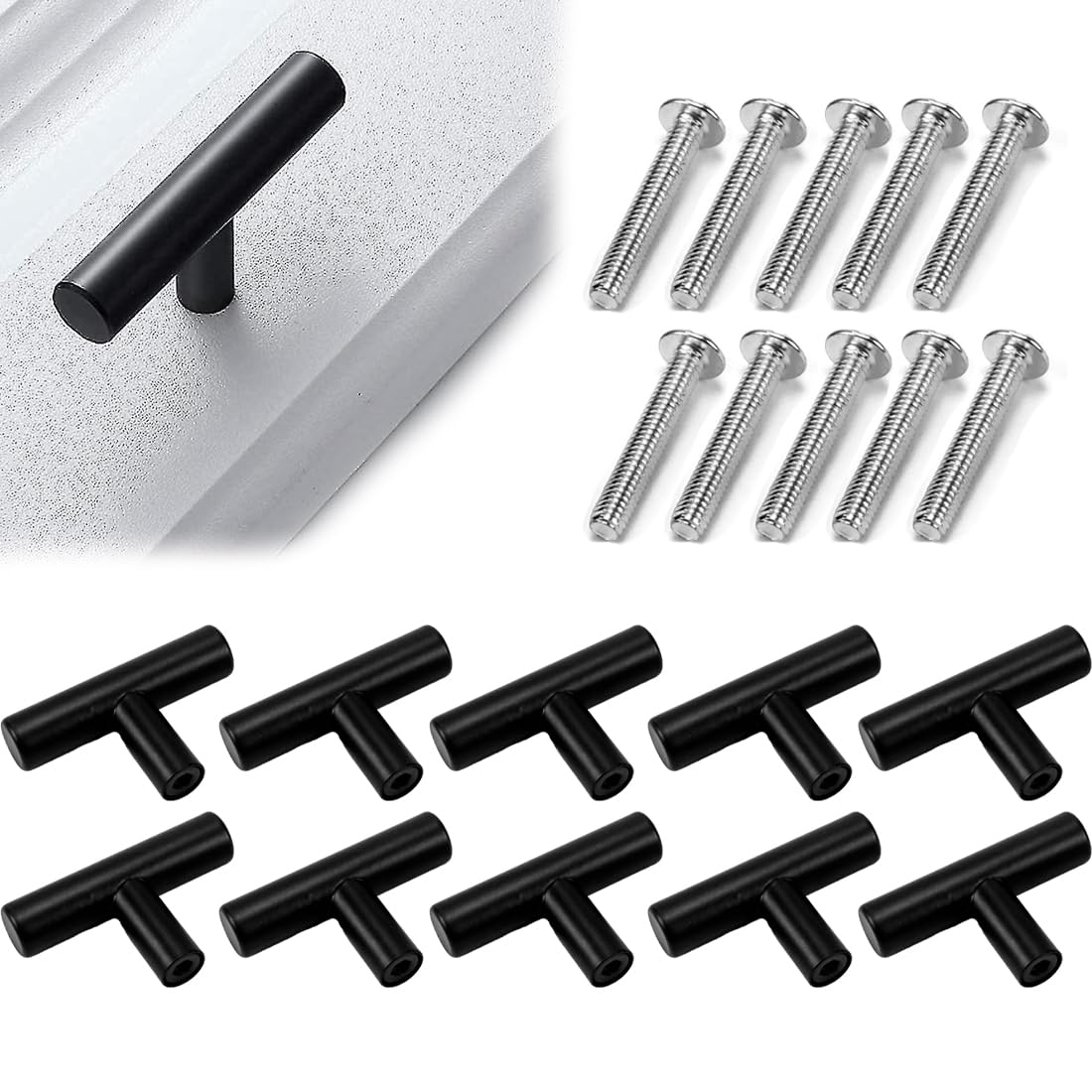 20 Pomelli Per Mobili Nero - In Acciaio Inossidabile, Design A T Moderno, Per Cassetti E Armadi Cucina - Foto 3