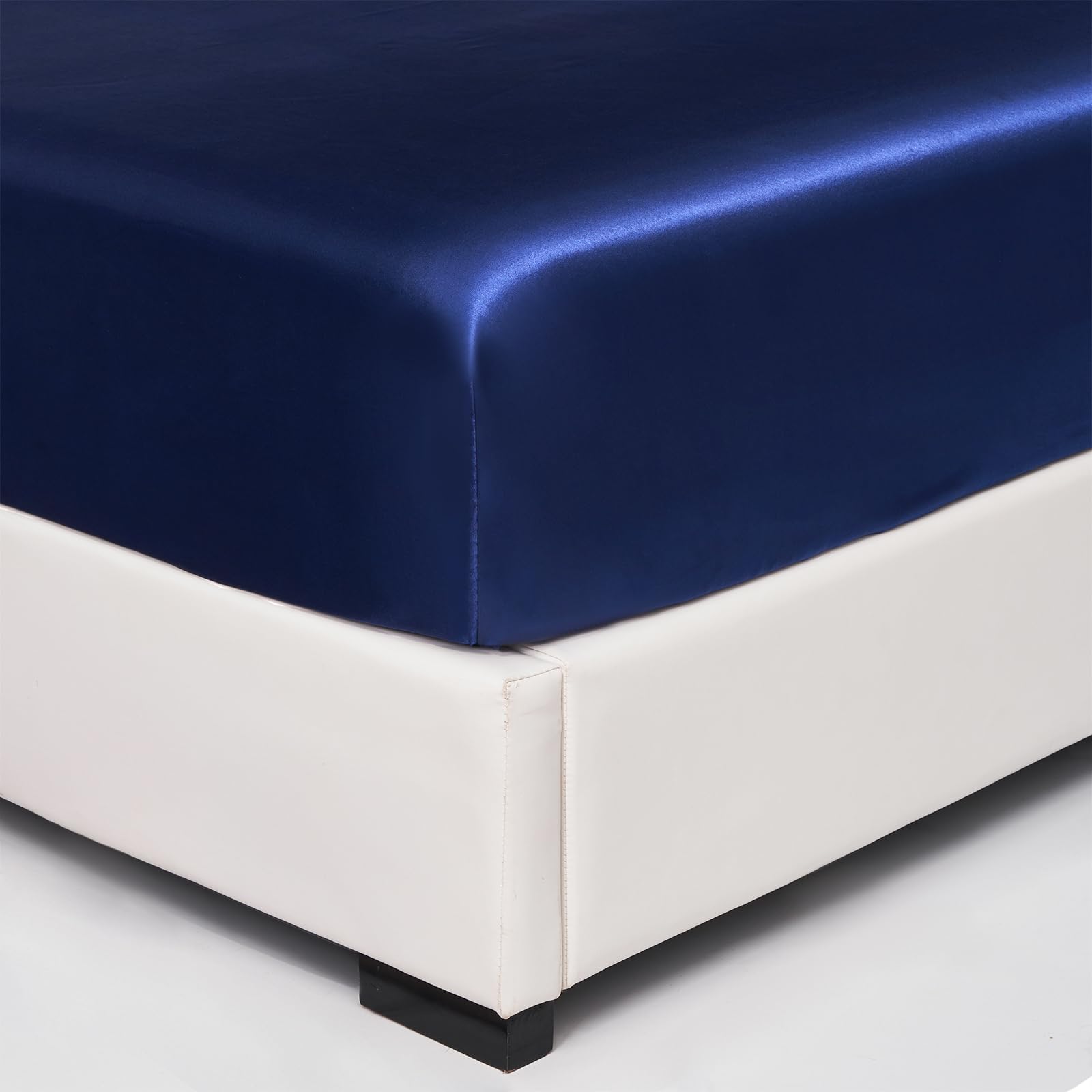 Wotcsil Navy Blue Satin Fitted Sheet King Satin Silk Bed Sheets Silky Deep Pocket 36cm Soft and Breathable, Blue, 152 x 200 cm