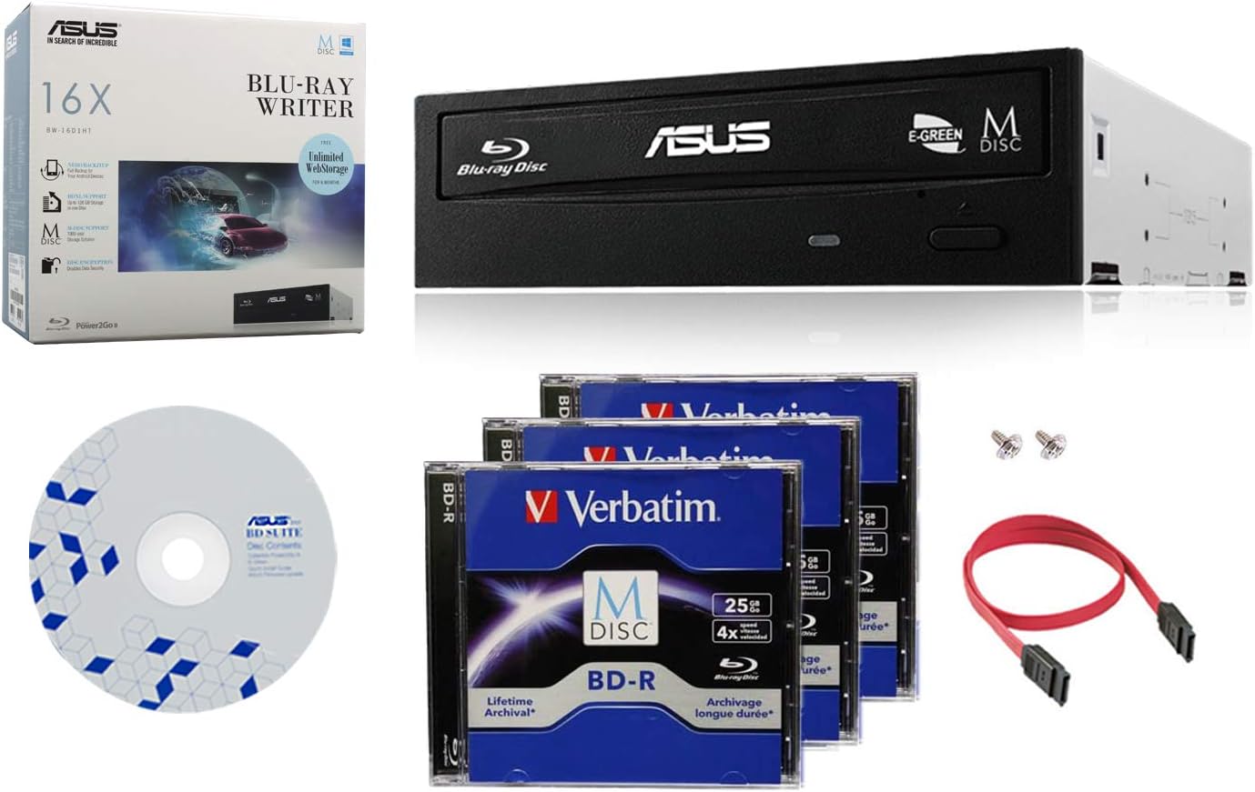 Produplicator Asus 16x BW-16D1HT Internal Blu-Ray Burner Drive Bundle with 3 Pack M-DISC BD and Cable Accessories (Supports BDXL and M-DISC, Retail Box)