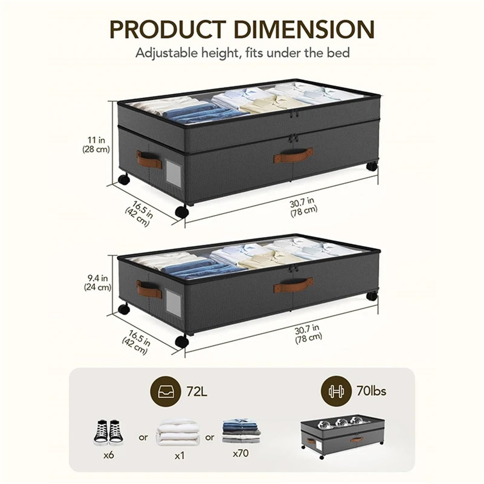 Scatole in Tessuto Comodo Contenitore sottoletto su Ruote, contenitori sottoletto Super-dimensionati da 72 Litri, scarpiere Rialzate da 11 Pollici con coperchi Trasparenti