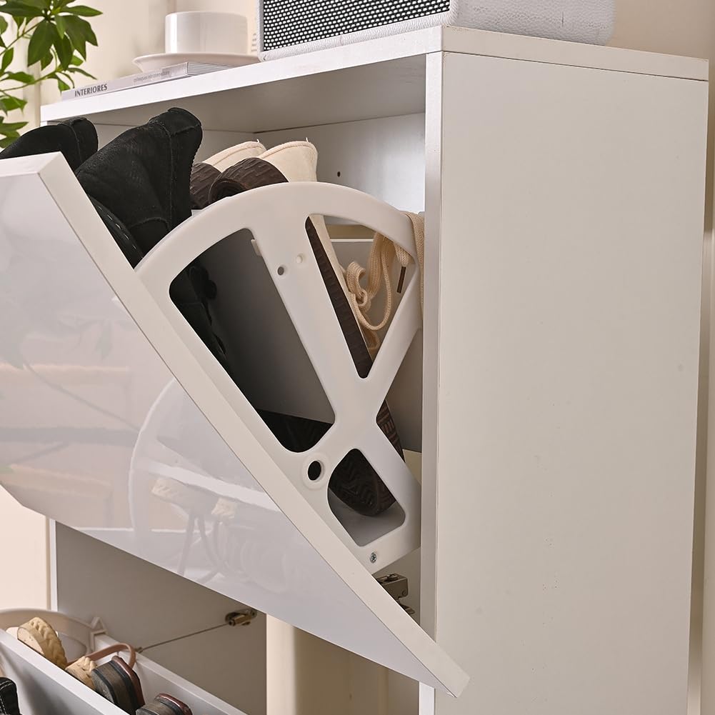 Shally Dogan Scarpiera Ondulata in Legno con Finitura Lucida Bianco, Porta Scarpe Salvaspazio con Ante a Ribalta Doppia Profondità, Portascarpe Slim per Ingresso, Cameretta, Soggiorno (3 Ante)