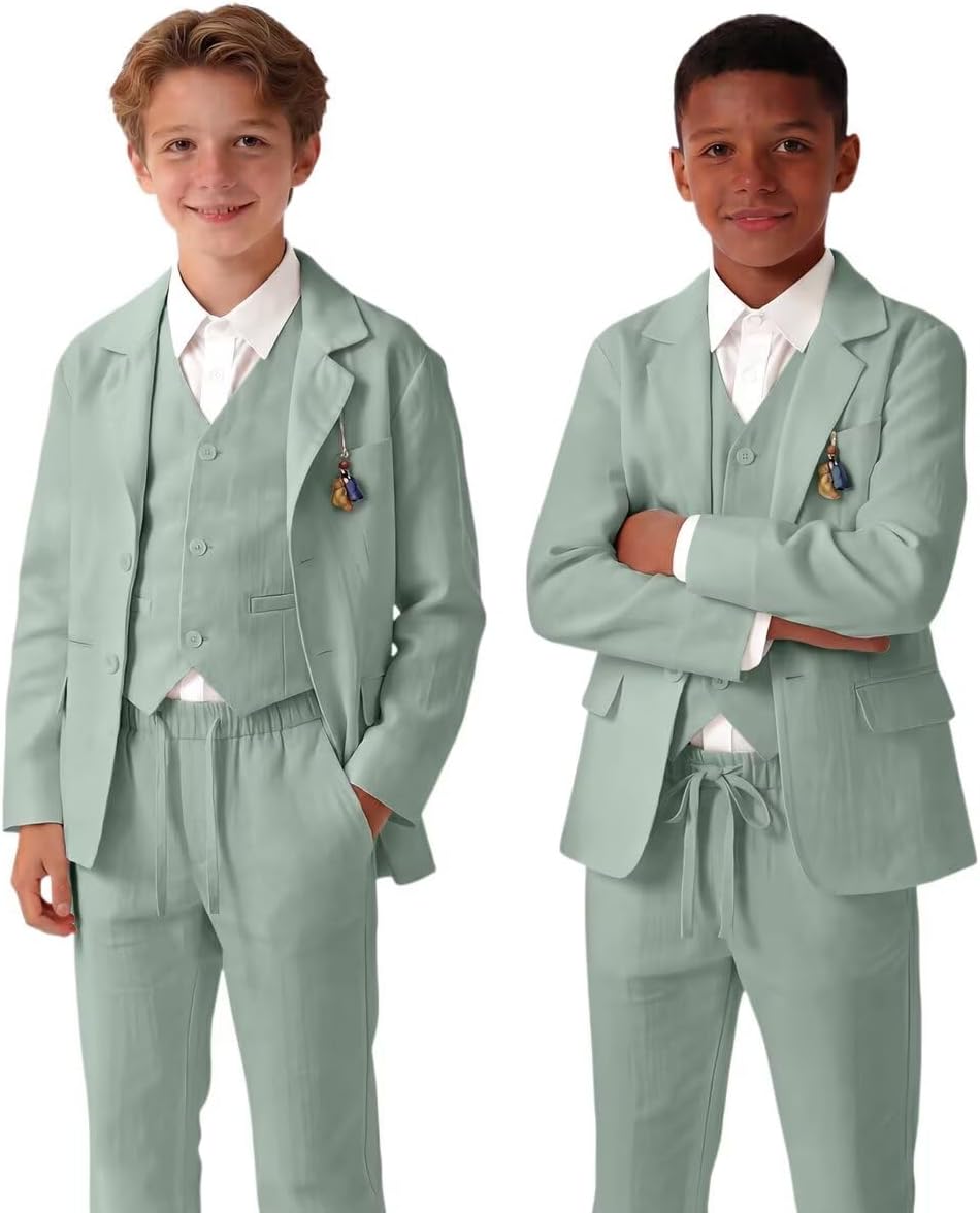 Retro Linen Boys Suit Slim Fit 5 Piece Sets Kids Wedding Outfit Linen Suits Casual Drawstring Tuxedo Set for Boy