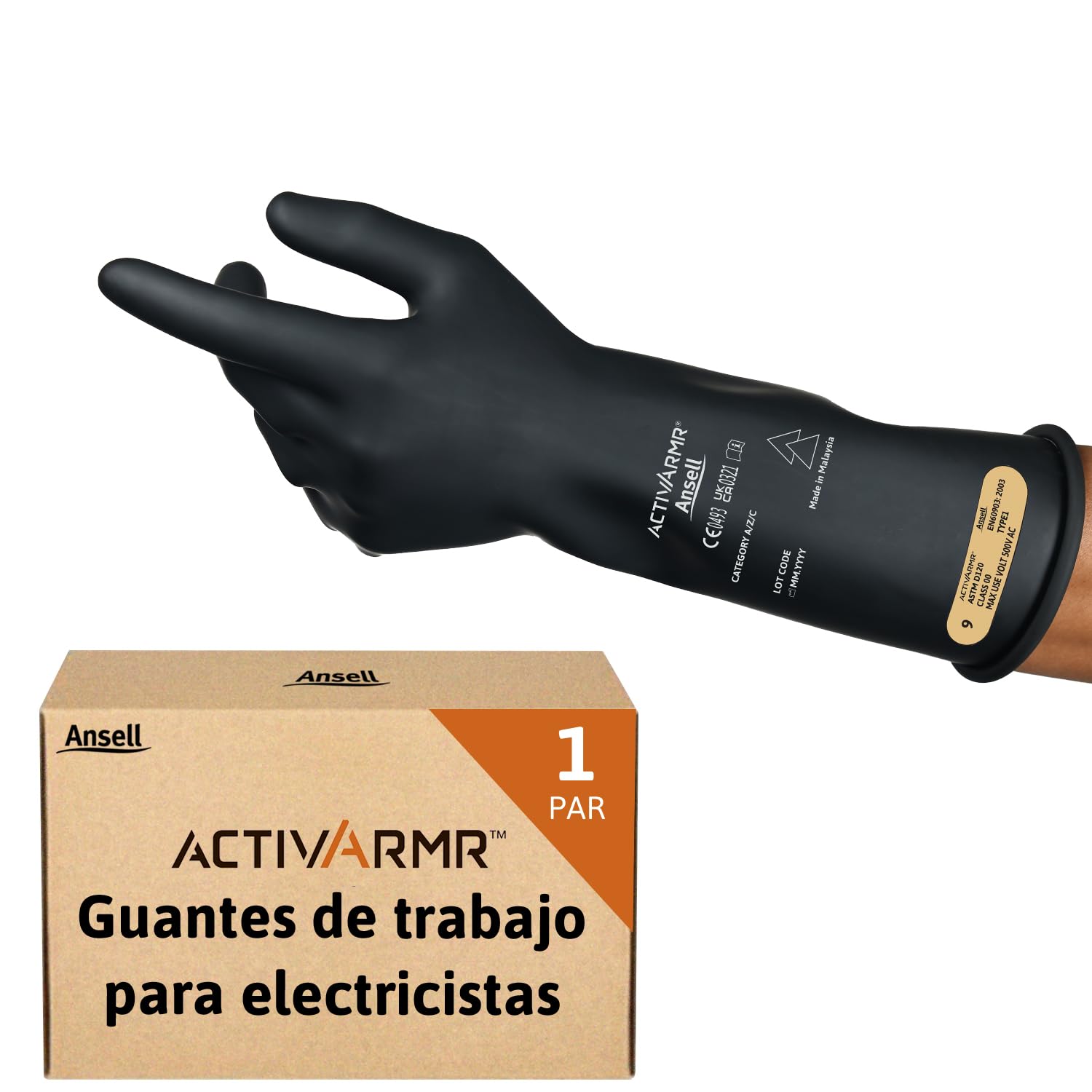 Ansell ActivArmr Guantes Aislantes Dieléctricos, Protección Eléctrica Class 00, Tensión 500V, Trabajos con Electricidad, Látex de Caucho Natural, 36 cm, Negro, Talla L, 1 Par