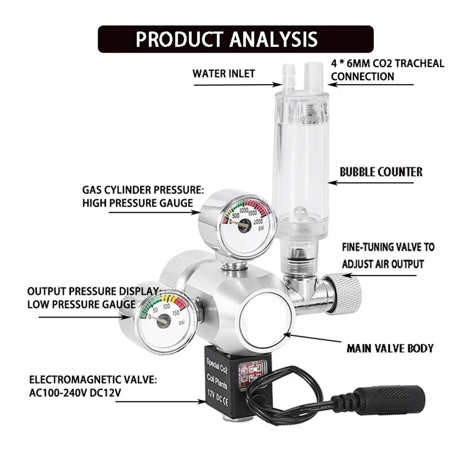 Regulador de válvula Reductora co2 for pecera, medidor Burbujas, Control Cilindro Gas for Acuario(TR21)