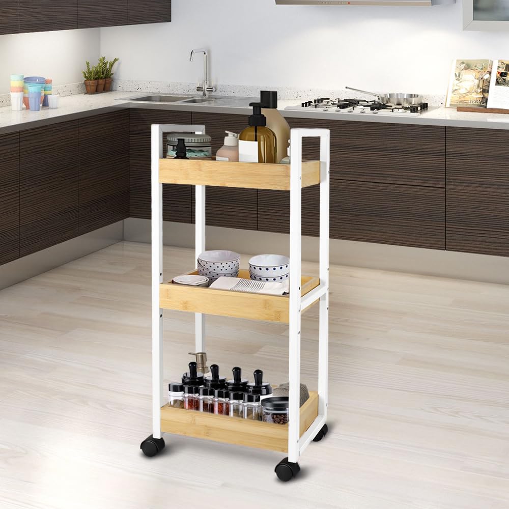LANTUS Étagère Mince de Salle de Bains, Gain de Place, Bambou, Chariot de Rangement à 3 Niveaux sur roulettes,Étagère Debout 3 paniers dim. 30L x 20l x 80H cm-Blanc