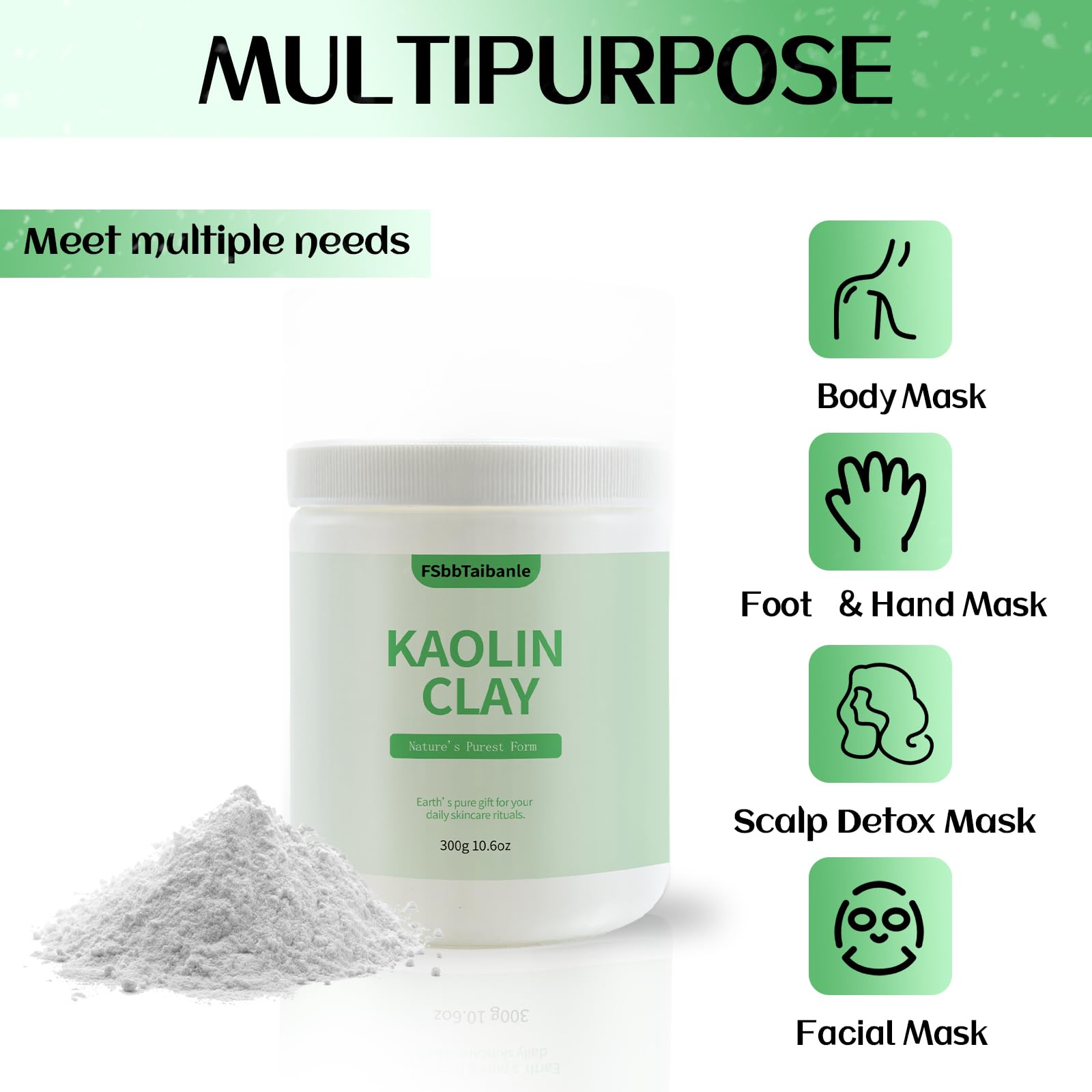 Weißes Kaolin-Tonpulver, 100 % natürlich, ultrafein, kosmetische Qualität, sanfte und glatte Textur für natürliche DIY-Hautreiniger, Masken und Peelings und mehr (300 ml)