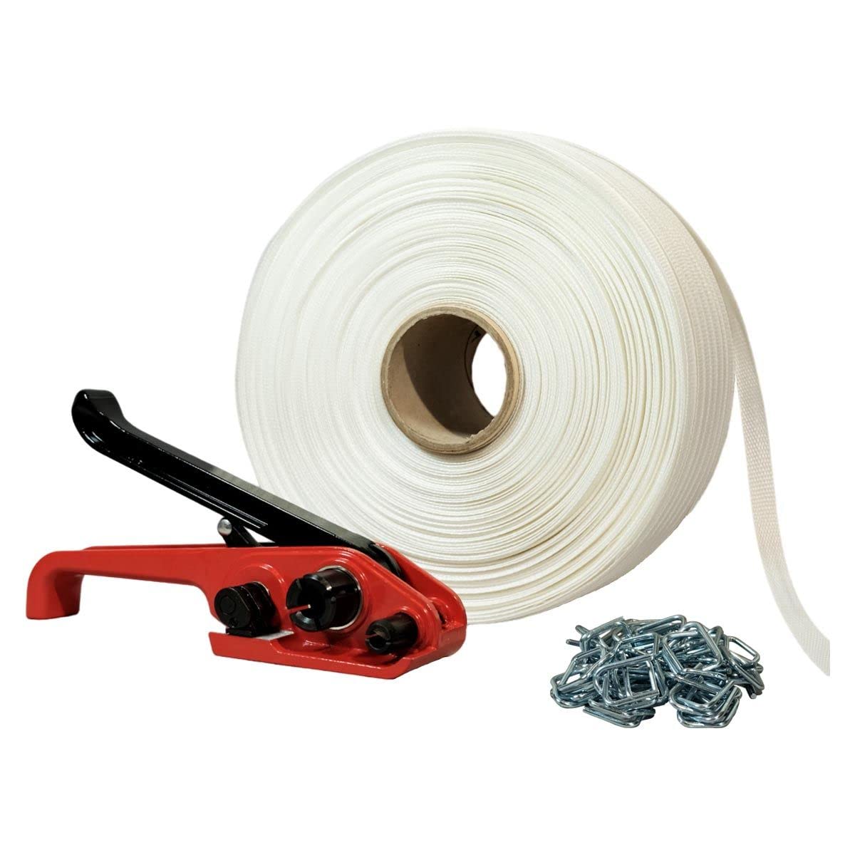 TECPLAST Kit 1 Feuillard de cerclage tressé KFT1 16 mm x 850 m + 250 boucles OFFERTES + 1 tendeur - Résistance 450kg