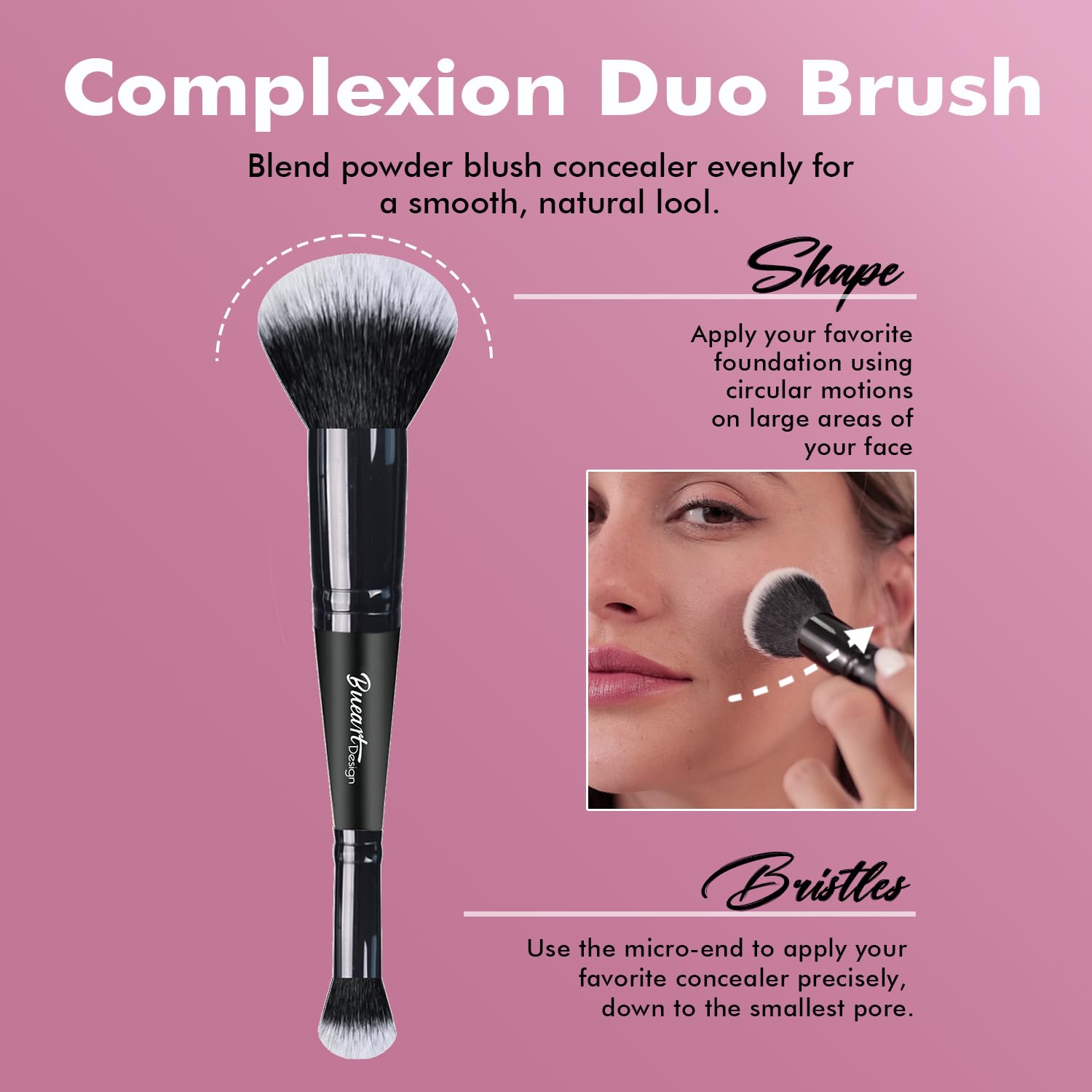 Bueart Design Ensemble de pinceaux de maquillage Duo et liquide et bronzant avec poils denses ultra doux à double extrémité pour fond de teint, crème liquide, anti-cernes, végétalien et sans cruauté