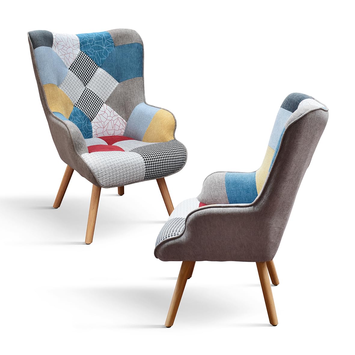 PAZZO DESIGN Sillón Armando, juego de 1, multicolor, tela, relajante, lectura, cómodo, patas de madera, con reposapiés, id_2126