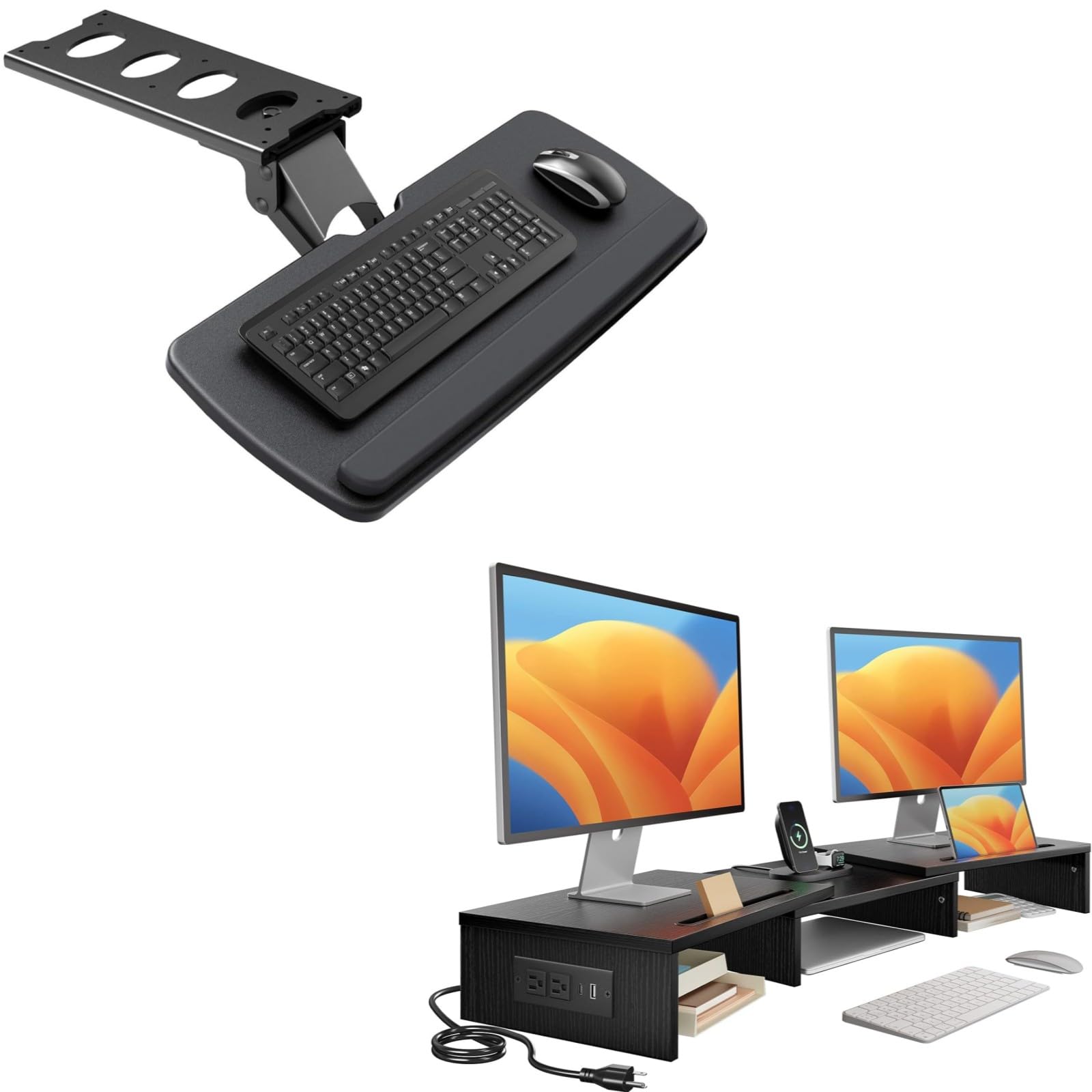 HUANUO Dual Monitor Stand -Monitor Stand with USB Ports&HUANUO Keyboard Tray Under Desk