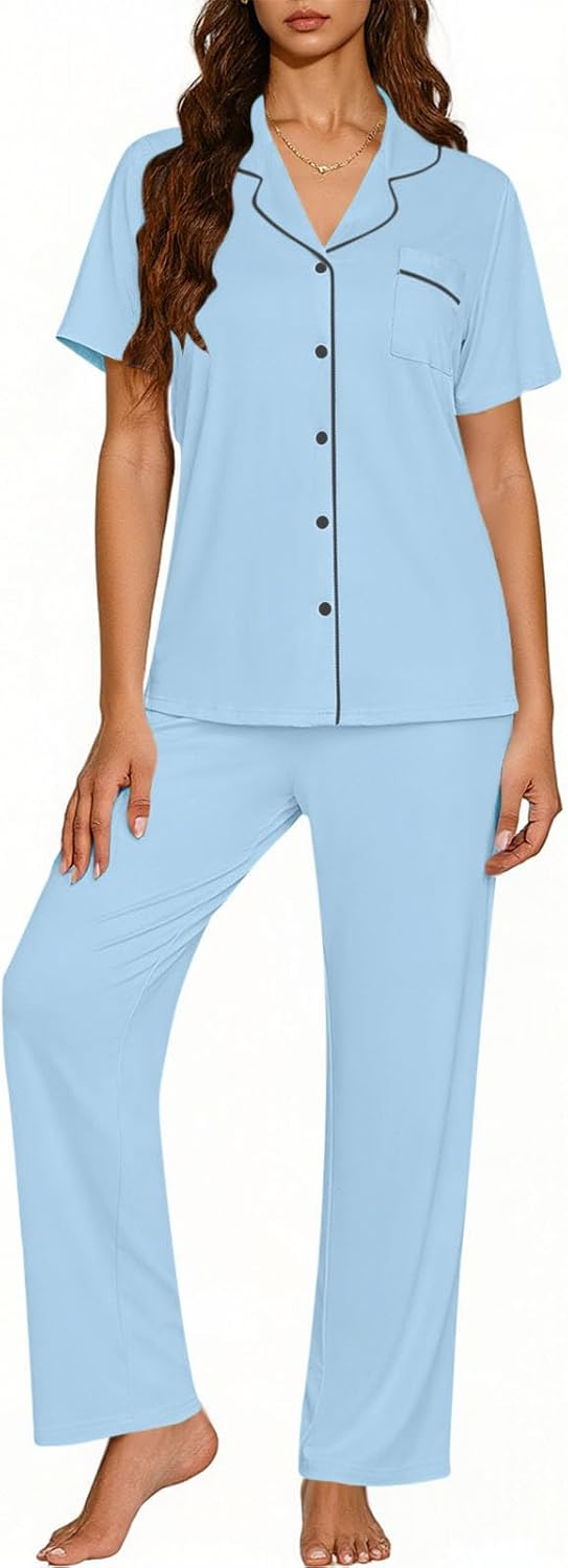 Xiaojmake Women Pajama Sets Long Sleeve Shirt and Pajama Pants 2 Piece Ladies Soft Sleepwear Button Down Pjs Set with Pockets