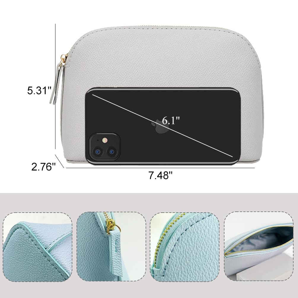 Kleine Make-up-Tasche, Kosmetiktasche für Damen, Leder, Beauty-Tasche mit Reißverschluss, Reise-Aufbewahrungstasche für Kosmetik, Hellgrau, 7.48''*5.31''*2.76'', Minimalistisch