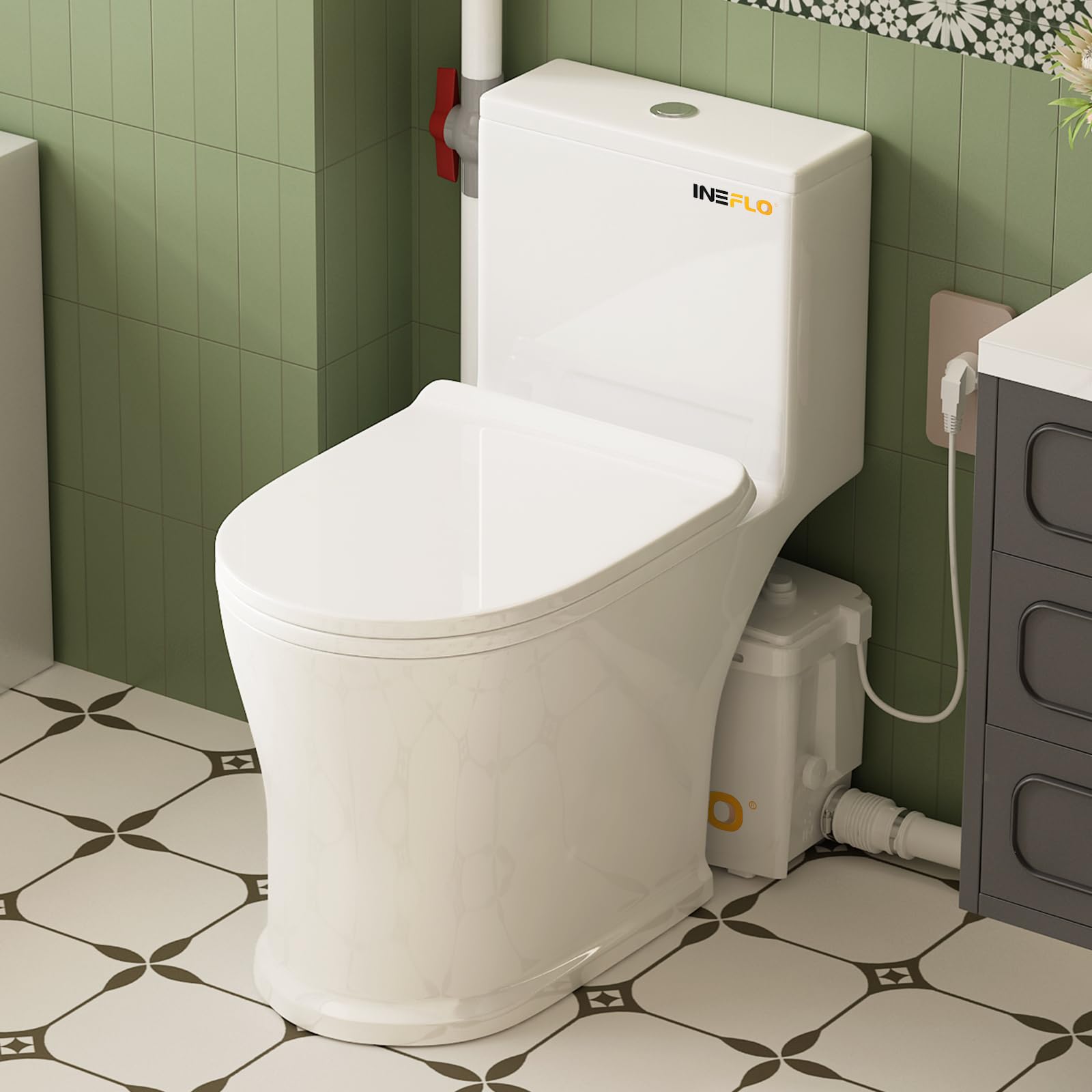 900W Schredder-Toilette mit Abwasserpumpe Kupfermotor-Pumpensystem für Keller-Sanitäranlage • 4 Anschlüsse für Küche/Spüle/Waschmaschine • Geschlossenes Stand-WC in Einteiliger Bauweise