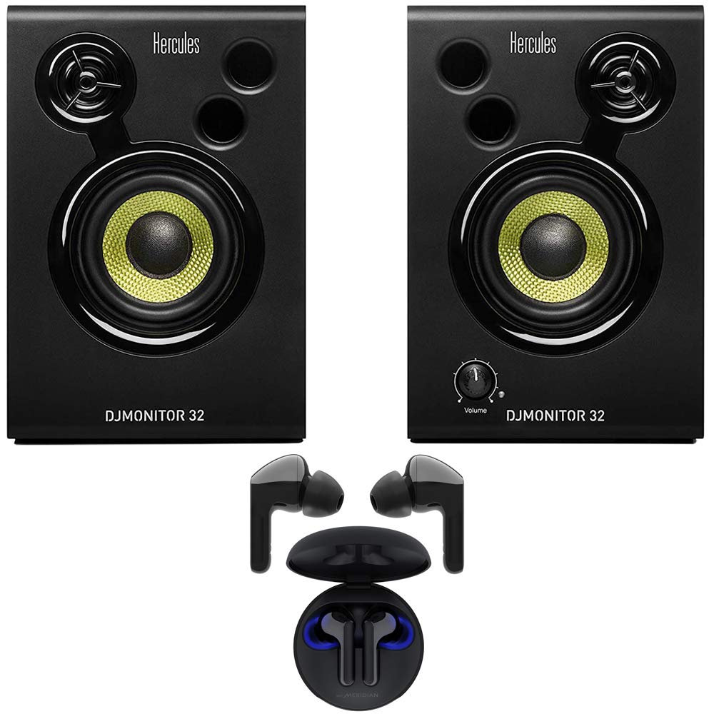 HERCULES AMS-DJMONITOR-32 DJ Monitor 32 60W Speakers with 3-inch Woofer, Pair Bundle with LG Tone Fr