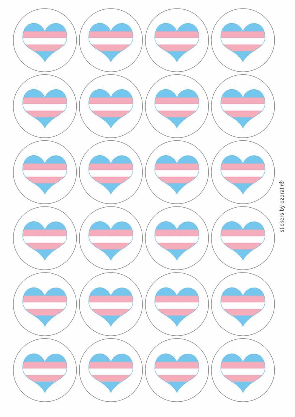 Transgender Heart LGBTQ Pride Circular Matt Paper Stickers A4 Sheet of 24 (Each Sticker is 45mm Diameter)