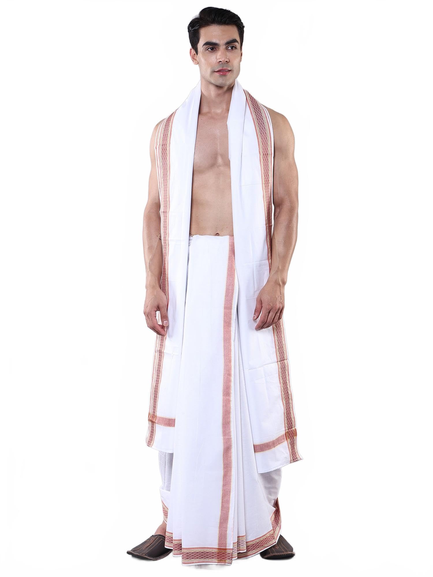 Pure Cotton Dhoti Angavastram Set with Multi Thread Border Weave | Men's Dhoti Angvastram Temple Wear-image-39