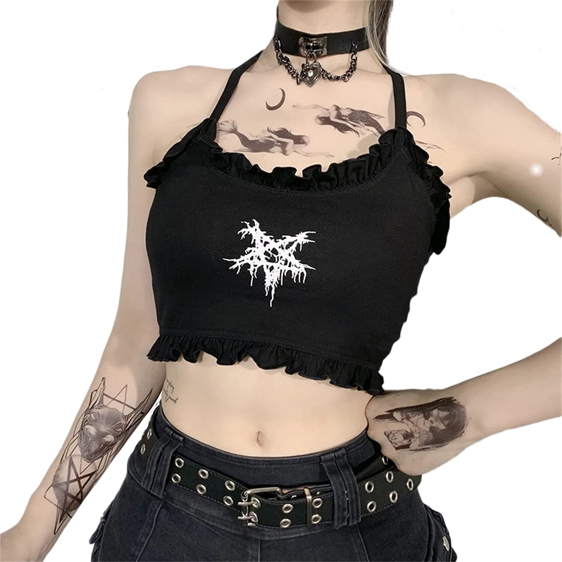 Botenwall Women's Pentagram Black Black Mall Goth Crop Top Gothic Skull Punk Lace Cami Clubwear Sexy Tank Tops Ruffles Backless Vest, Small