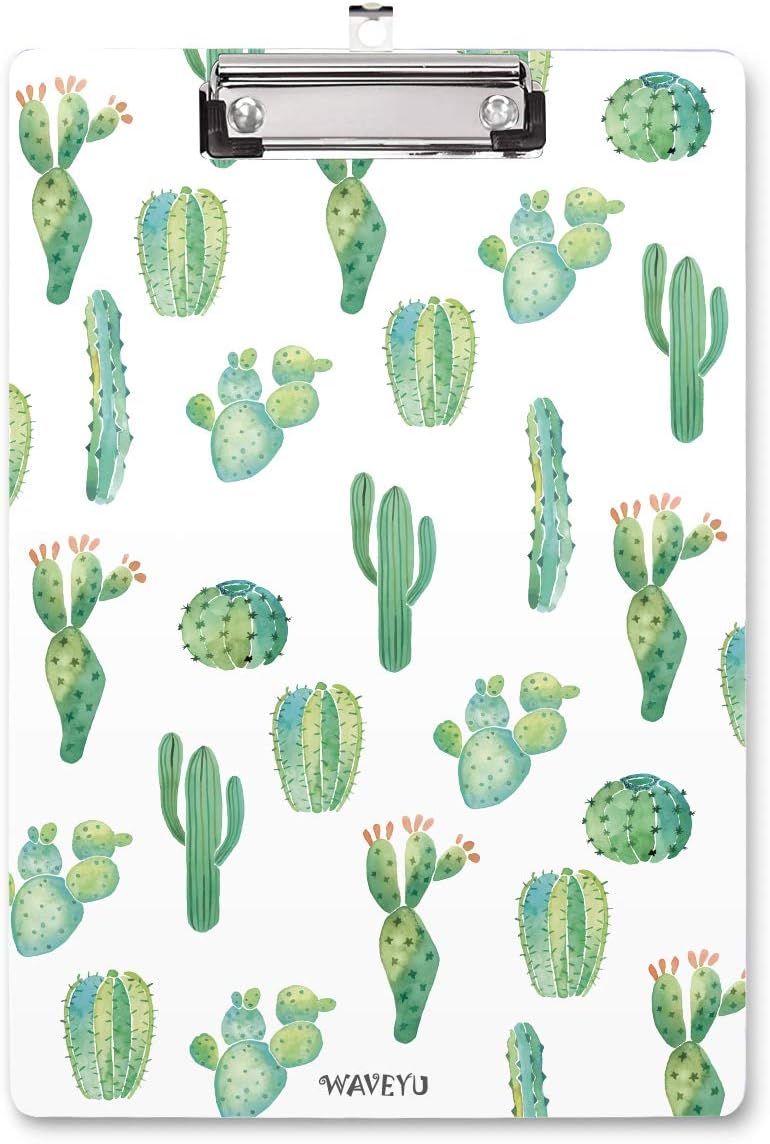 WAVEYU Cute Decorative Clipboard, Cactus Design with Low Profile Clip, Retractable Key Hole for Hanging, Letter Size (12.5"x9")
