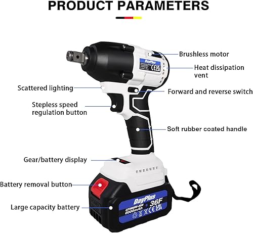 Miniatura 2 de Llave de impacto inalámbrica de 21 V de 12 pulgada, pistola eléctrica imapct sin escobillas, 420 Nm, alto par de torsión 3200RMP, 2 baterías de 6.0