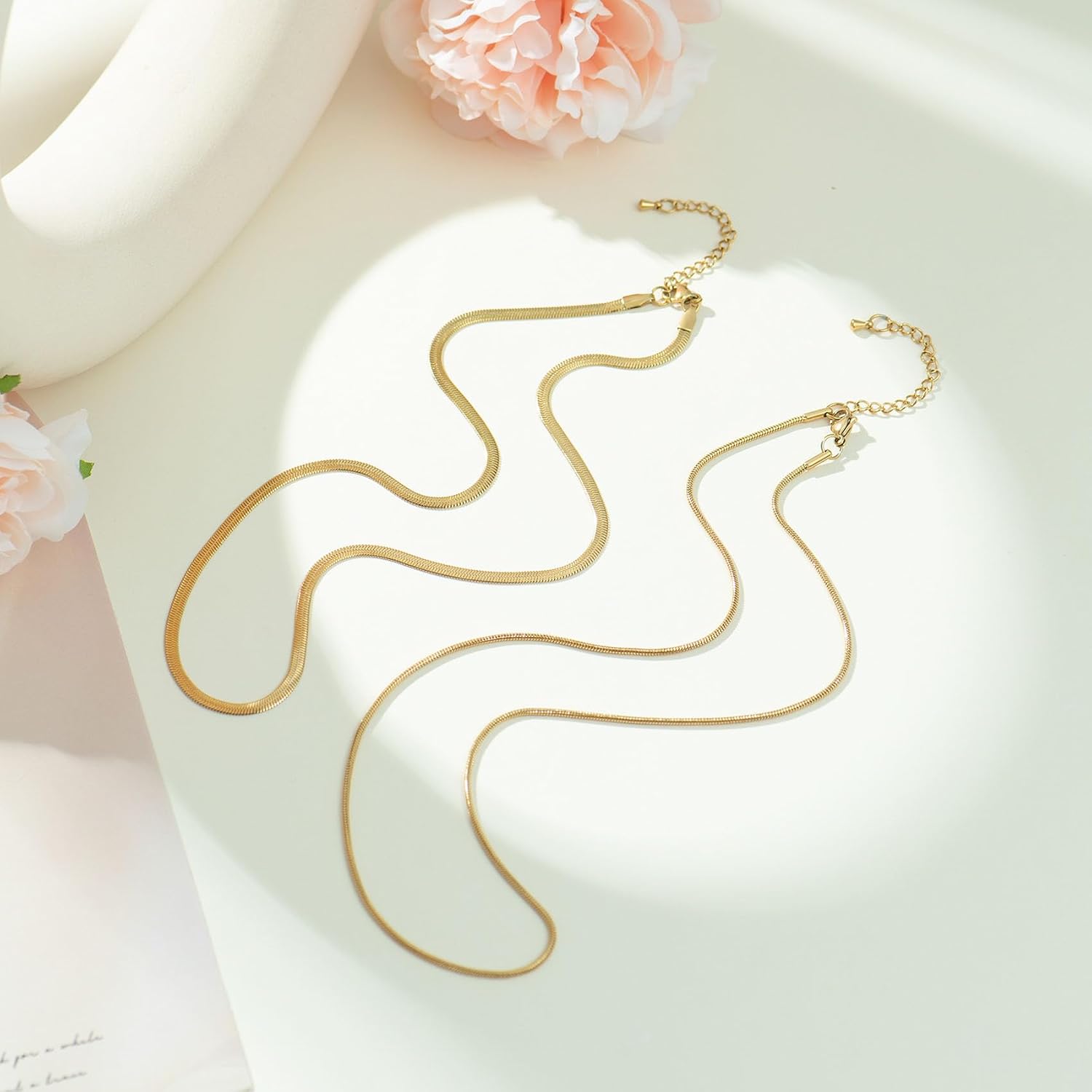 2PCS Herringbone Necklace for Women, Dainty 14K Gold Necklace for Women Snake Chain Necklace Layered Gold Plated Choker Necklaces for Woman Trendy Jewelry Gifts for Teens