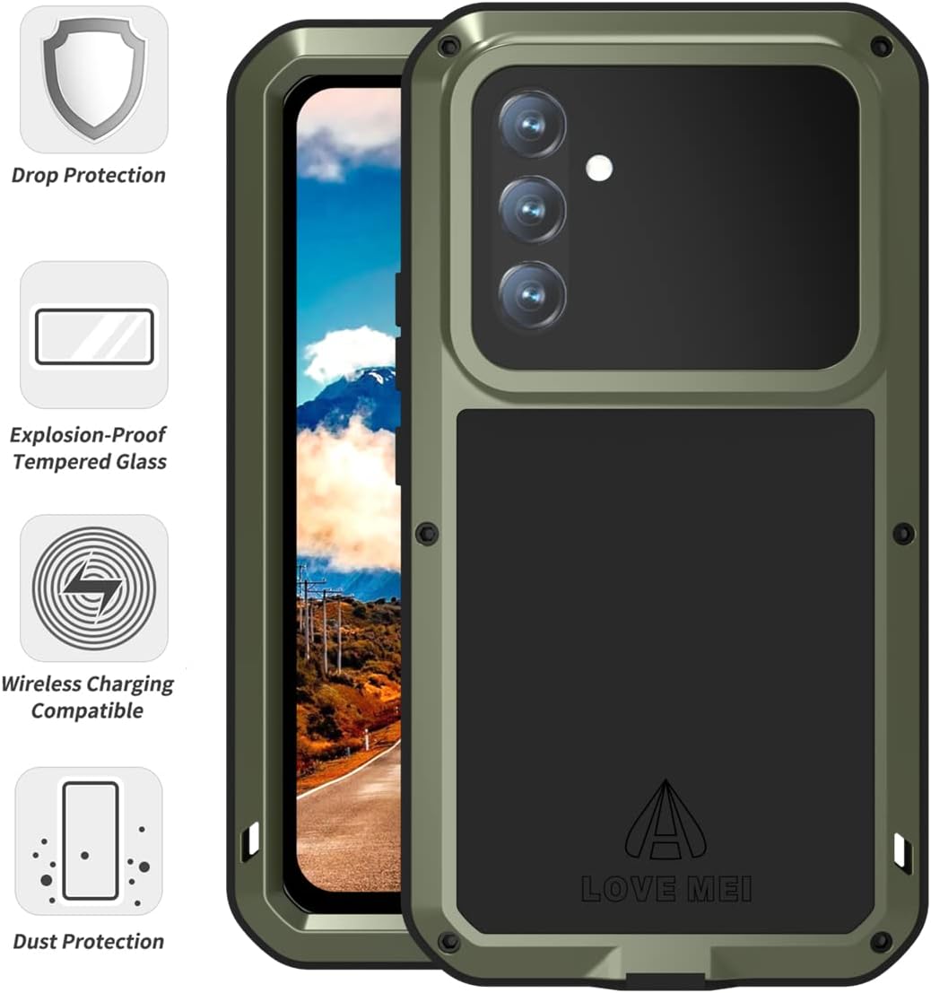 LOVE MEI Compatible with Samsung Galaxy A54 Case, Outdoor Sports Waterproof Military Heavy Duty Shockproof Dustproof Hybrid Aluminum Metal+Silicone+Tempered Glass Case Hard Cover (Green)