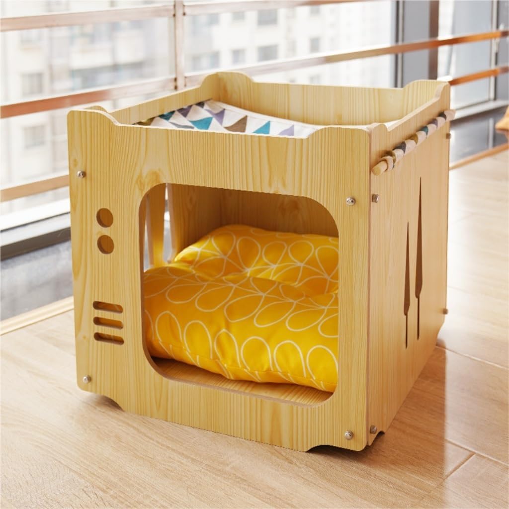 منزل للقطط مع وسادة سميكة وارجوحة، عش قطط، مكعب خشبي قابل للطي وقابل للتكديس، سرير للقطط والارانب ومخبأ للقطط وبوابة مربعة