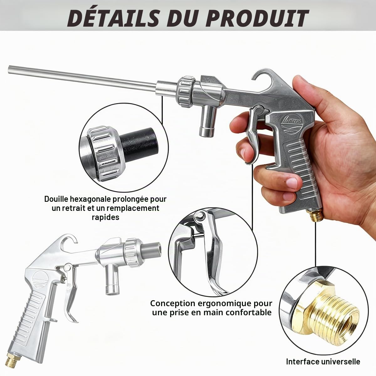 Kit de Pistolet de Sablage Air Comprimé avec une Buse de Sablage Longue et Buses Métalliques de Calibre 5MM/6MM, Tuyau en Caoutchouc de 1M de Long et Embout de Connexion à l'air pour le Sablage