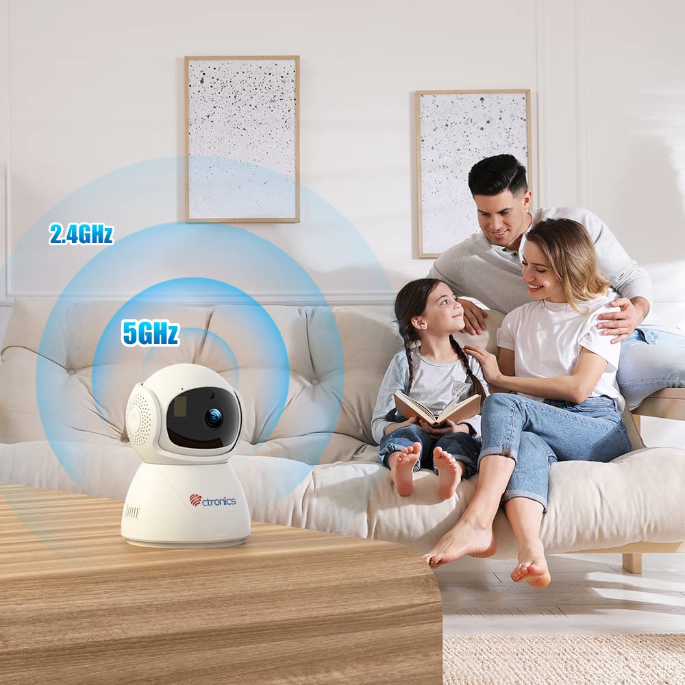Ctronics 5MP Camara Vigilancia WiFi Interior, 2.4/5GHz WiFi & Bluetooth IP Camara de Seguridad, Detección Humano/Seguimiento Automático, PTZ 355°/ 90°, Visión Nocturna IR, Audio Bidireccional, FTP
