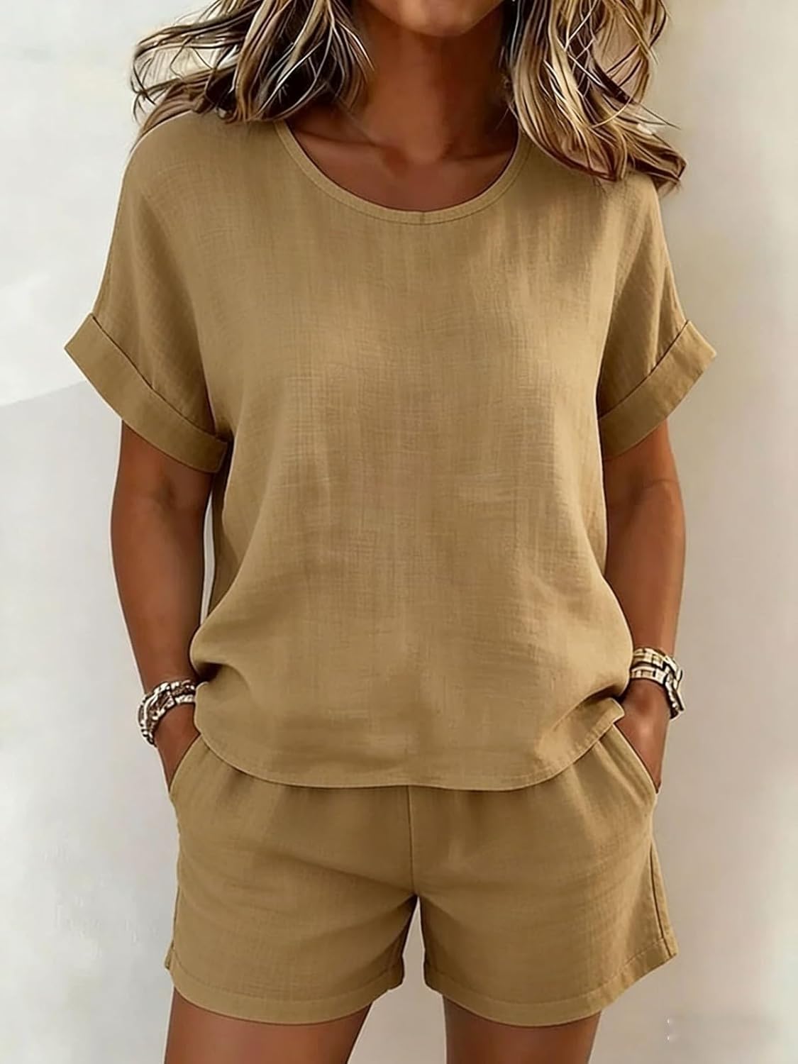 Women's Casual Crewneck Short Sleeve Top and Shorts Set Cotton Linen Two-Piece
