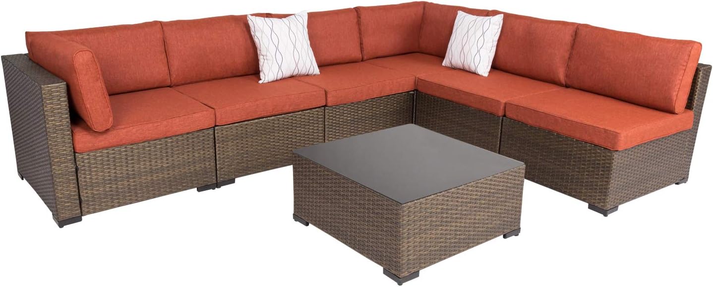 7 Pieces Outdoor Patio Sectional Sofa Set,Brown Wicker Furniture Set, Washable Seat Cushions with Zippers and Tempered Glass Table, Maple Red Cushion : Patio, Lawn & Garden