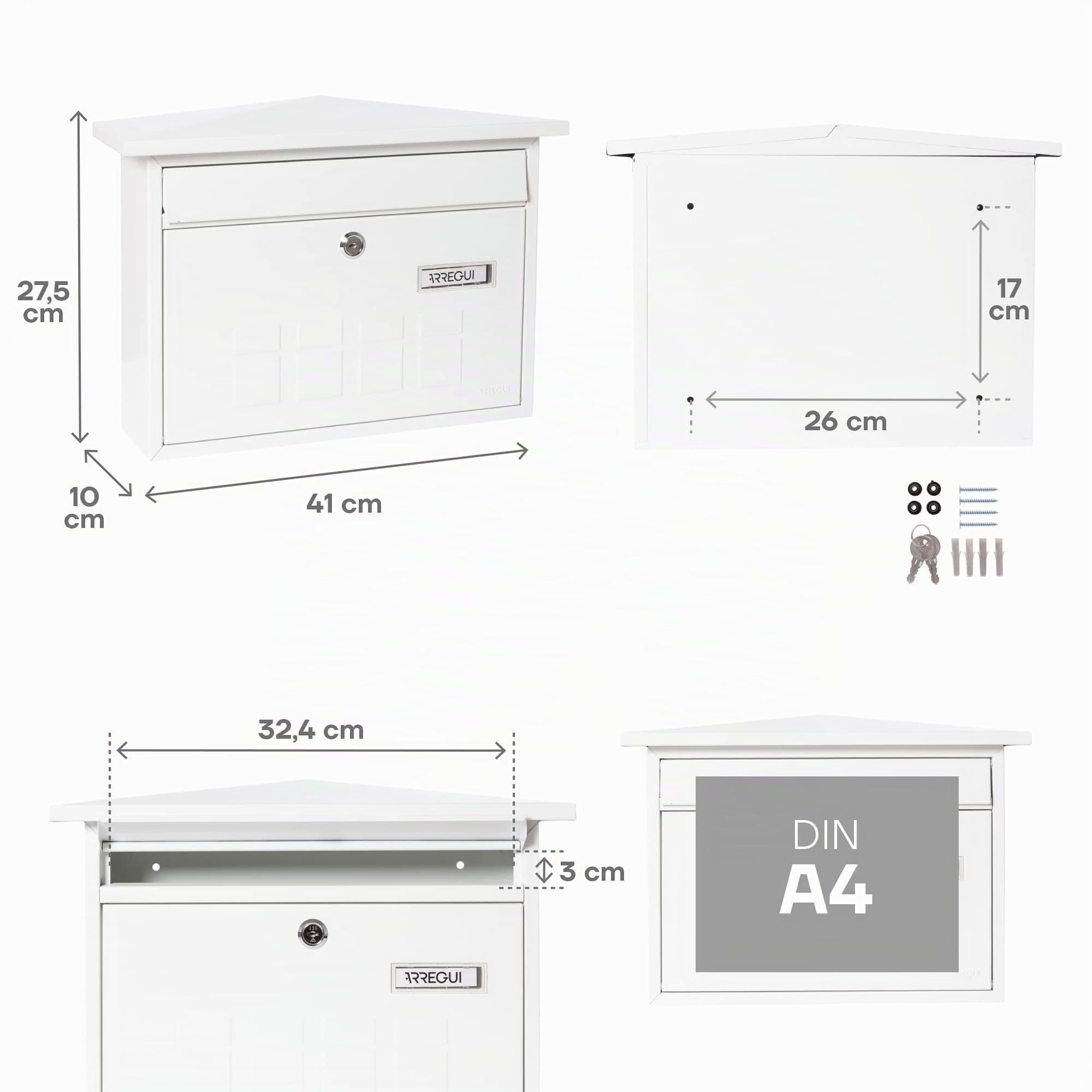 ARREGUI Deco E5701 Cassetta Postale Individuale in Acciaio, Cassetta della Posta da Parete, Fondo Stretto, Dimensione M (DIN A4 e Riviste), Facile da Montare, Bianco