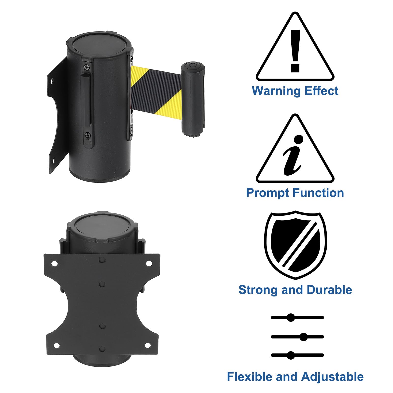 QUARKZMAN Soporte Pared Fijo Con Barrera Retráctil Cinta 9.84 Pies Cintas Retráctiles Para Control Multitudes Cola Cinta Diagonal Negro Y Amarillo Paquete 4