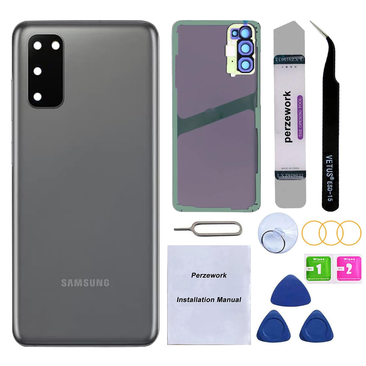 OEM Rear Back Glass Replacement for Samsung Galaxy S20 6.2 inches with Reparing Toolkit and Pre-Installed Adhesive (Cosmic Gray)