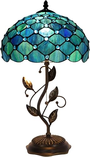 Miniatura 8 de Tiffany Table Lamp, Stained Glass Desk Light, W12H19 Inch, Metal Leaf Base (Sea Blue Pearl Style)