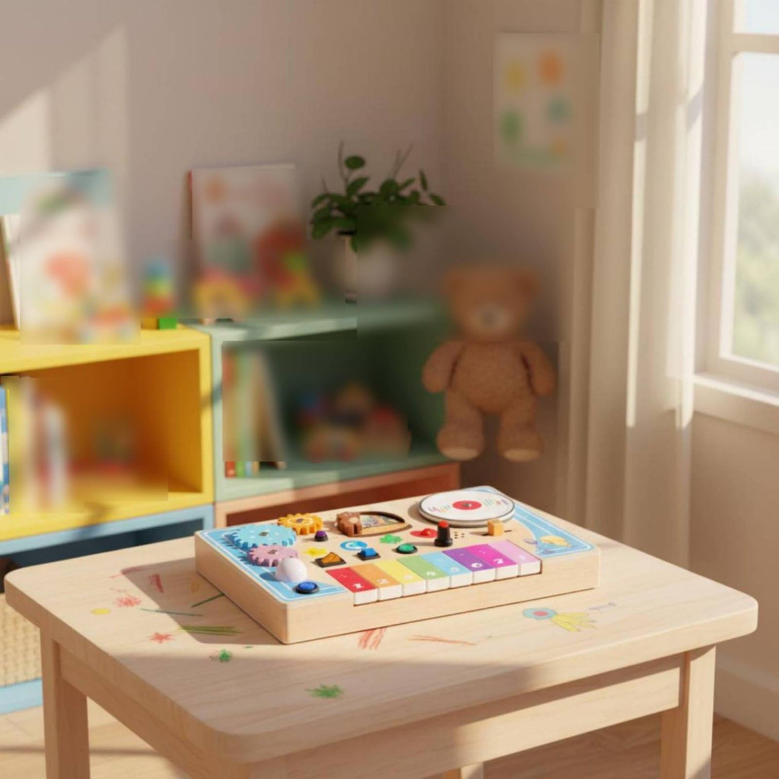 Colcolo Children Music Board Tavola Sensoriale Legno Piano Giocattolo Pannello Attività con Tastiera Rotella Ingranaggi Pulsanti Elementi Scorrevoli per