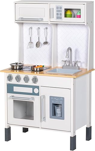 Miniatura 9 de Juego de cocina para niños, cocina de madera con grifo, fregadero, microondas, horno, delantal, gabinetes, juego de juguetes de cocina con sonido y