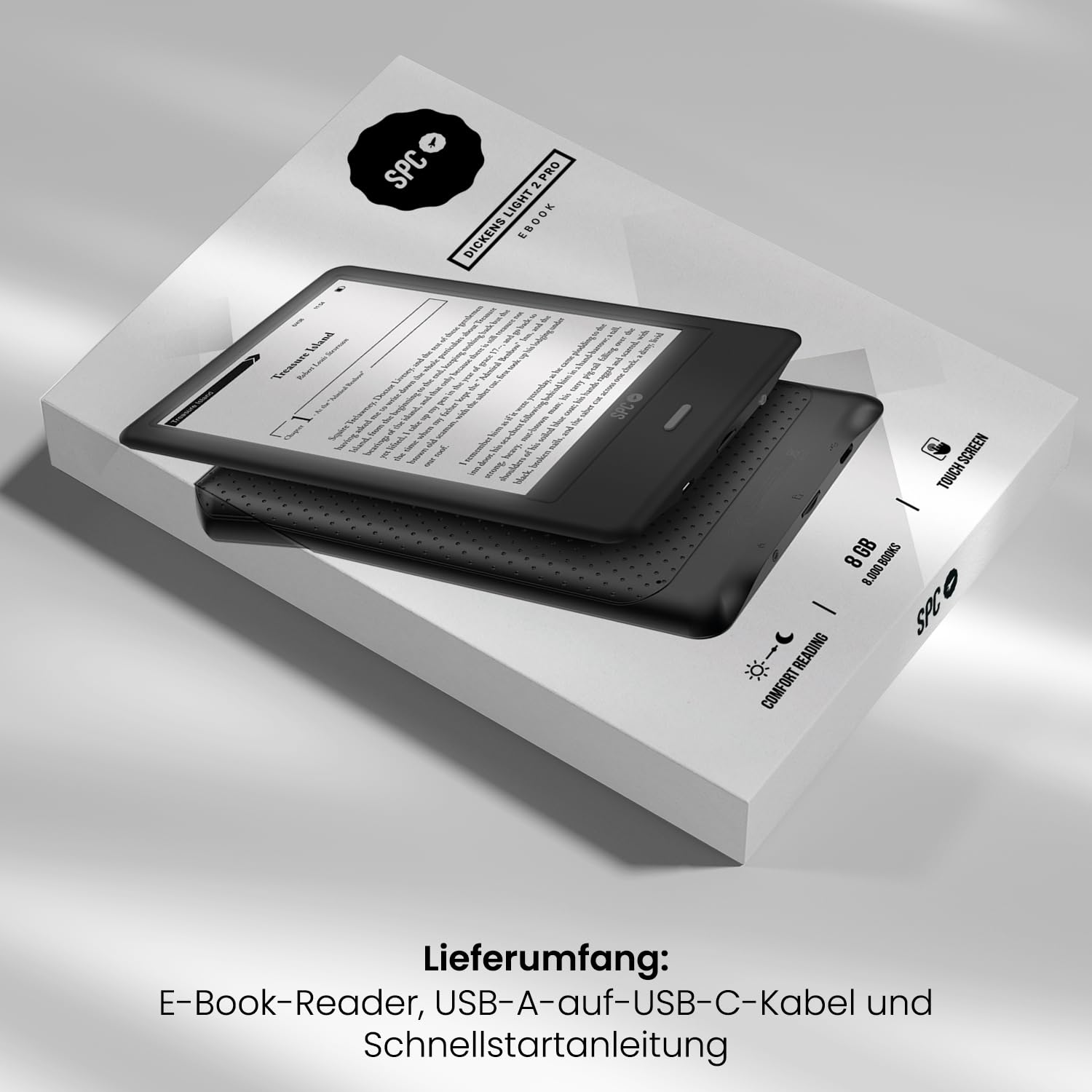 SPC Dickens Light 2 Pro + Schutzhülle | eBook 6 Zoll E-Ink Touchscreen, Einstellbare Helligkeit und Farbtemperatur, 8GB-Speicher, 1 Monat Akkulaufzeit, Leicht und schlank - Schwarz
