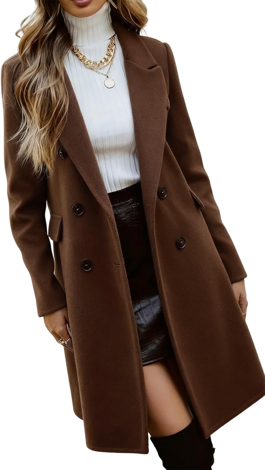 Ru Sweet Womens Winter Wool Blend Mid-Long Coat Notch Double Breasted Lapel Trench Jacket Outwear